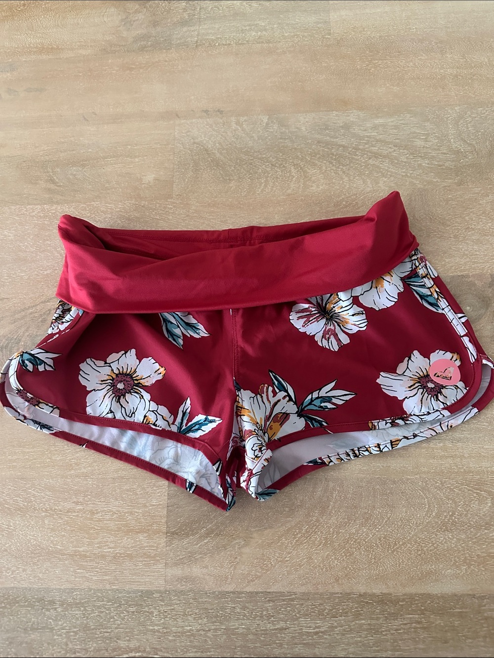 Roxy Red Floral Fold-Over Waist Athletic Shorts